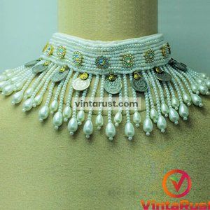 Handmade White Pearl Choker Necklace: Beaded Collar with Tribal Coins